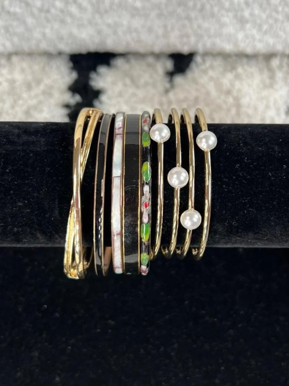 Vintage gold tone cloisonné and mother of pearl Multi-colored bangle set